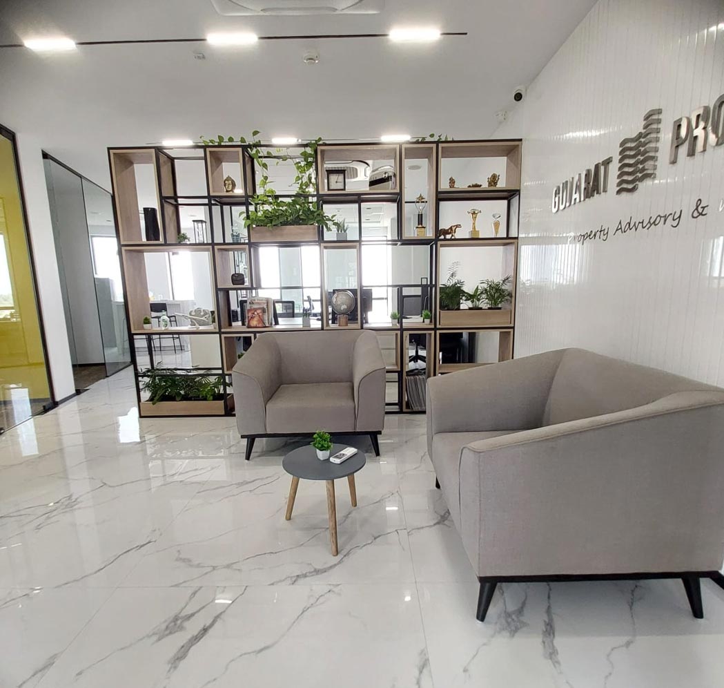Waiting area of real estate firm Gujarat Property in gift city